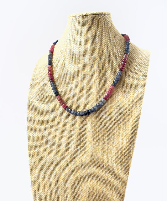 Genuine Ruby and Blue Sapphire faceted rondelle beads showcasing brilliant sparkle and rich colour in a 220‑carat necklace.