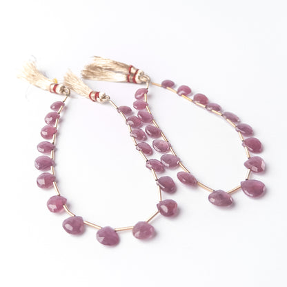 Authentic Ruby stone beads with sparkling faceted briolette cut, arranged as 17 pieces for DIY jewellery making.
