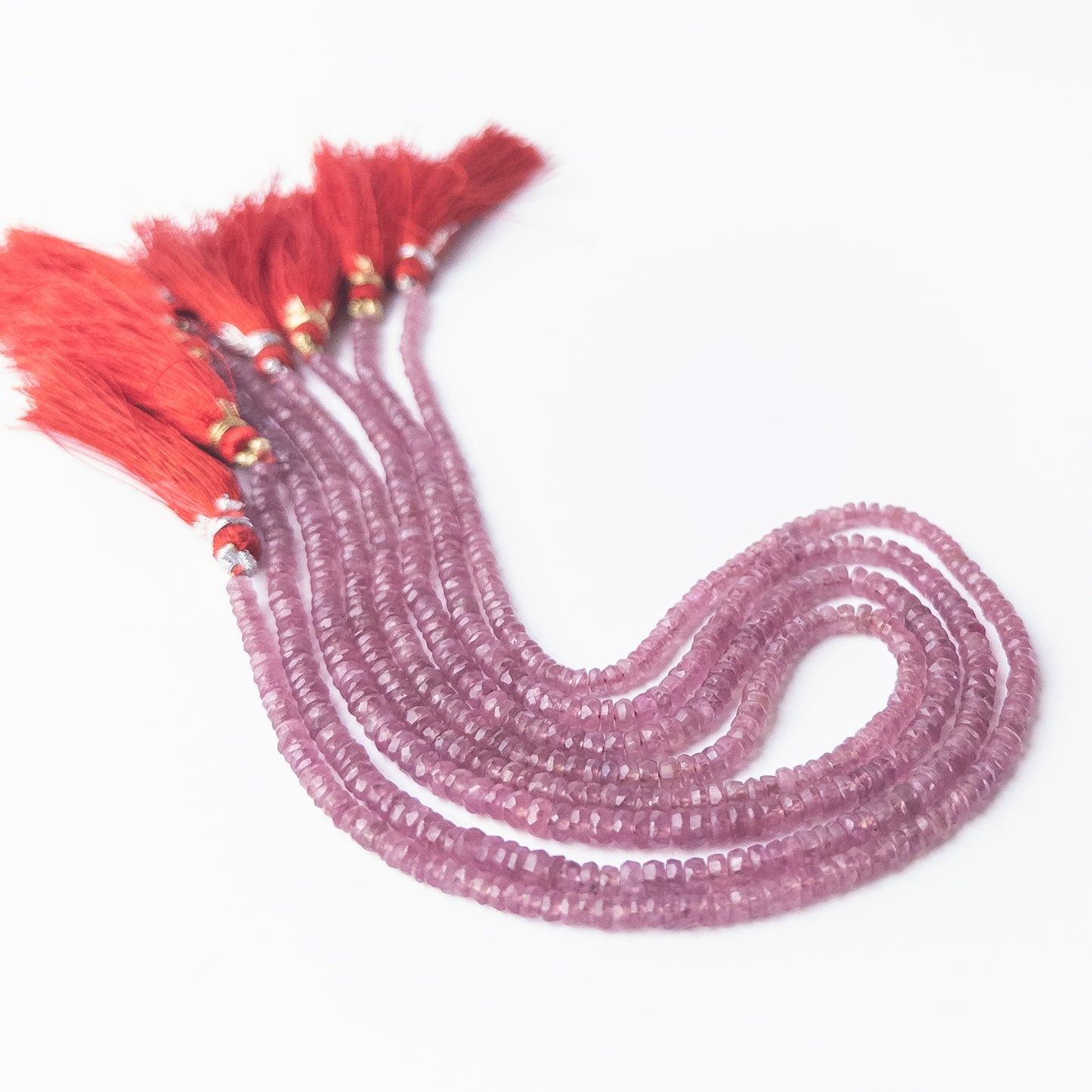 Ruby faceted rondelle beads in assorted 3–3.7mm sizes, high‑quality gemstone beads for artisan jewellery creators.