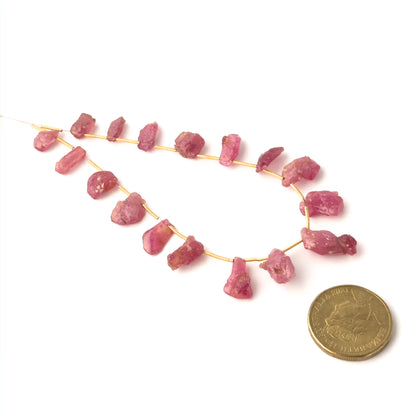 A coin is placed near delicate Ruby rough pieces for scale.