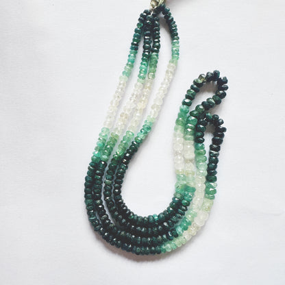 41cm strand of faceted Emerald beads arranged by size, exhibiting deep green brilliance.