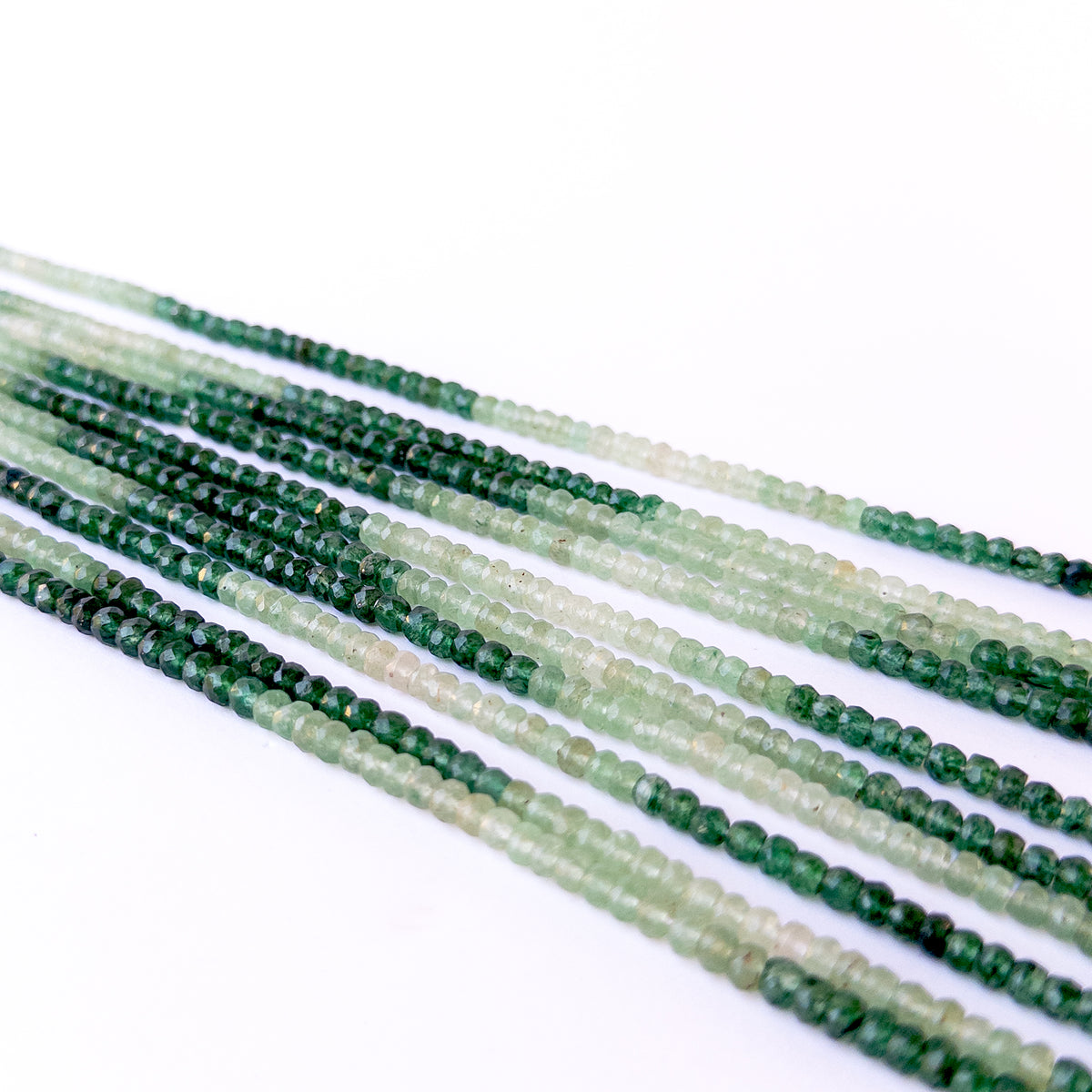 Handmade jewellery components featuring genuine Shaded Green Quartz rondelle beads in shaded green tones.