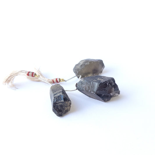 Authentic Smoky Quartz rough beads with natural crystal texture arranged in a 3‑piece set for DIY jewellery creators.