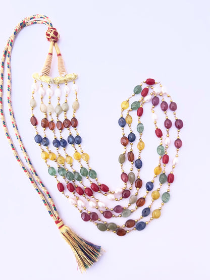 Navratan stone beads necklace, vibrant mix of gemstones, smooth oval design, 51–54cm adjustable length.