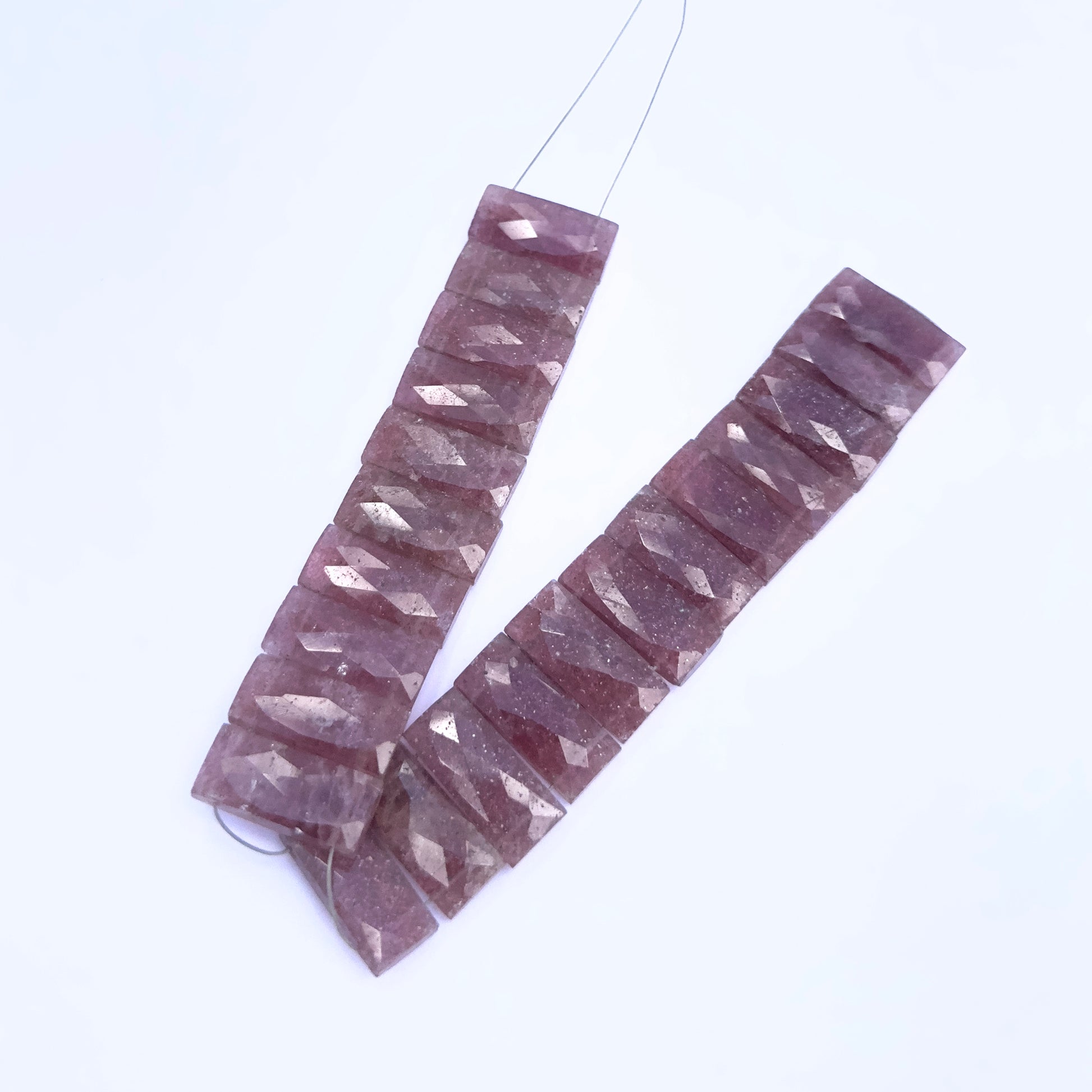 Natural gemstone beads in Strawberry Quartz rectangle cut, ideal for DIY jewellery and artisan designs.