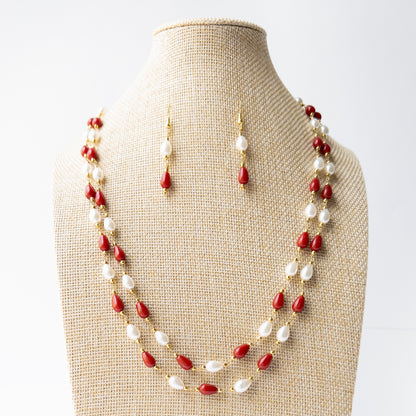 Authentic Taiwan Coral stone beads paired with lustrous Freshwater Pearls in a beautifully coordinated jewellery set.