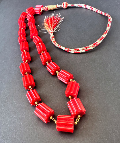 Taiwan coral necklace with natural gemstone beads, faceted cylinder cut, arranged in a refined strand