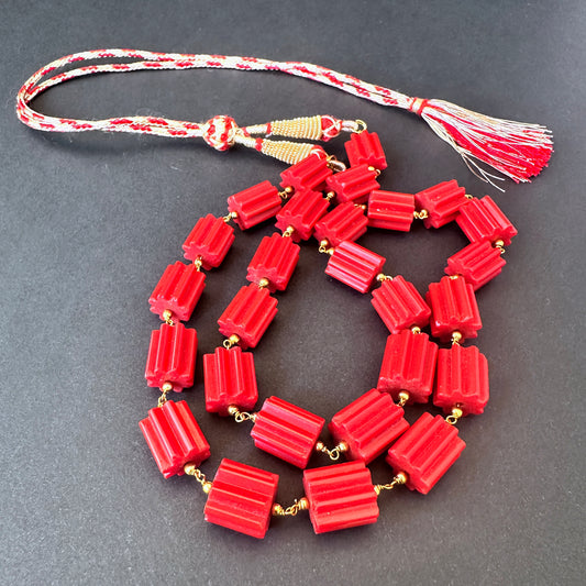 Taiwan coral necklace with faceted cylinder natural gemstone beads, 12x11mm, polished shine and vivid coral colour.
