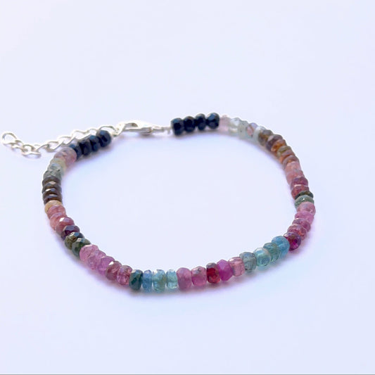 Tourmaline bracelet with sparkling rondelle beads showing natural colour variation.
