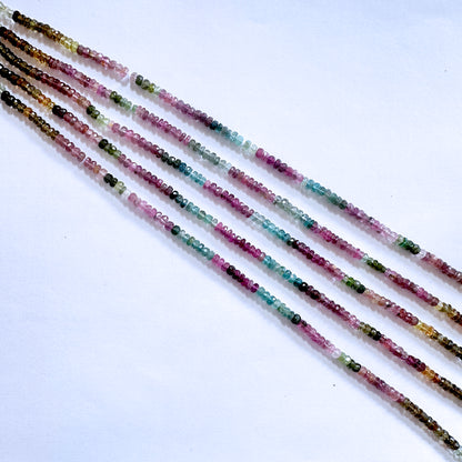 Multicolour Tourmaline gemstones in  rondelle cut, reflecting light beautifully with consistent clarity.