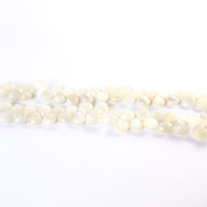 Premium White Rainbow Moonstone briolette beads showcasing polished facets and natural iridescent shine.