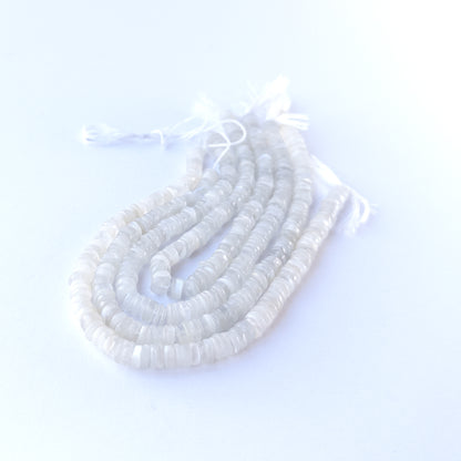 Genuine White Rainbow Moonstone stone beads for DIY jewellery featuring polished wheel shaping and luminous colour.
