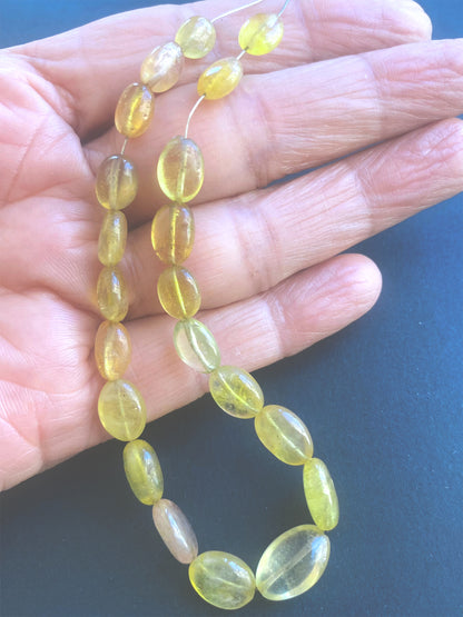 A person holds delicate strands of Yellow Sapphire beads, showcasing their smooth design.
